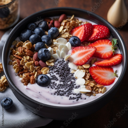 Breakfast smoothie bowl with mixed berries and cereals