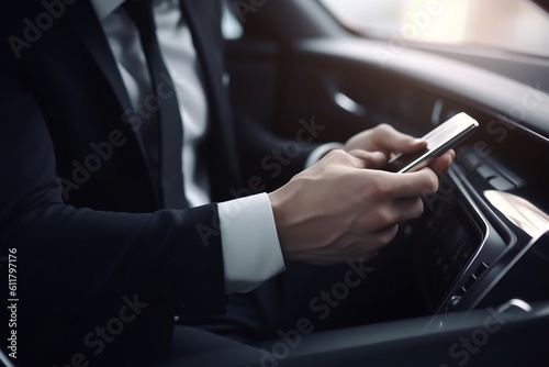 Close up of businessman checking the battery life of his electric car on his smartphone. © Mosaic Media