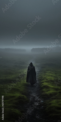 Mock-up of person in a dark cloak walking in the misty fog