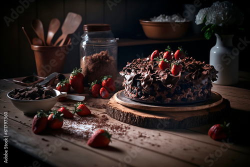 Chocolate cake with fresh strawberries in a rustic kitchen. Generative Ai (ID: 611797360)