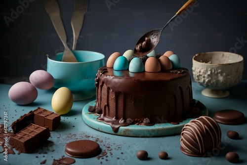 chocolate cake with an easter theme. Generative Ai (ID: 611797361)