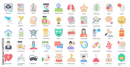 Anxiety Flat Icons Depression Emotion Mental Health Iconset in Color Style 50 Vector Icons