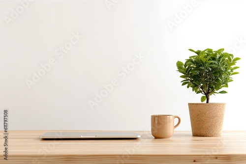 cropped image of a simple workspace with a laptop  a planter  and a coffee cup on a white table. Generative AI