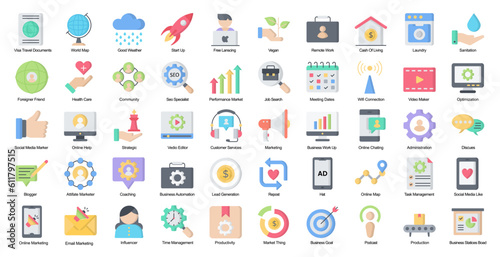 Digital Nomad Flat Iconset Freelancer Affiliate Marketing Filled Color Icon Bundle