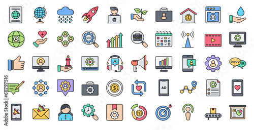 Digital Nomad Line Color Iconset Freelancer Affiliate Marketing Filled Outline Icon Bundle