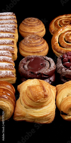 Viennoserie patisserie desserts topped with chocolate 