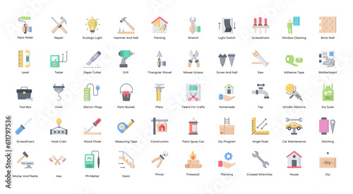DIY Do It Yourself Flat Icons Homemade House Icon Set in Color Style 50 Vector Icons