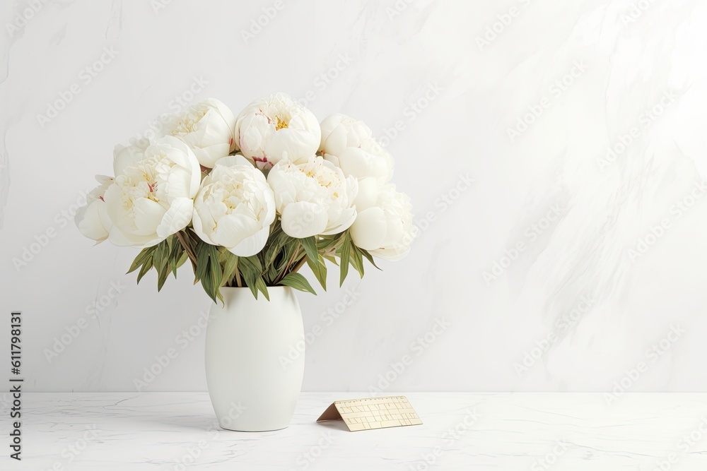 White peonies in a vase with a mock desk calendar on a white backdrop. Generative AI White peonies in a vase with a mock desk calendar on a white backdrop. Generative AI