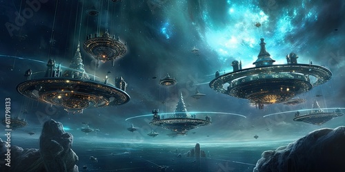 Envision a fleet of interstellar ships embarking on an eternal journey through the cosmos Generative AI Digital Illustration Part#110623