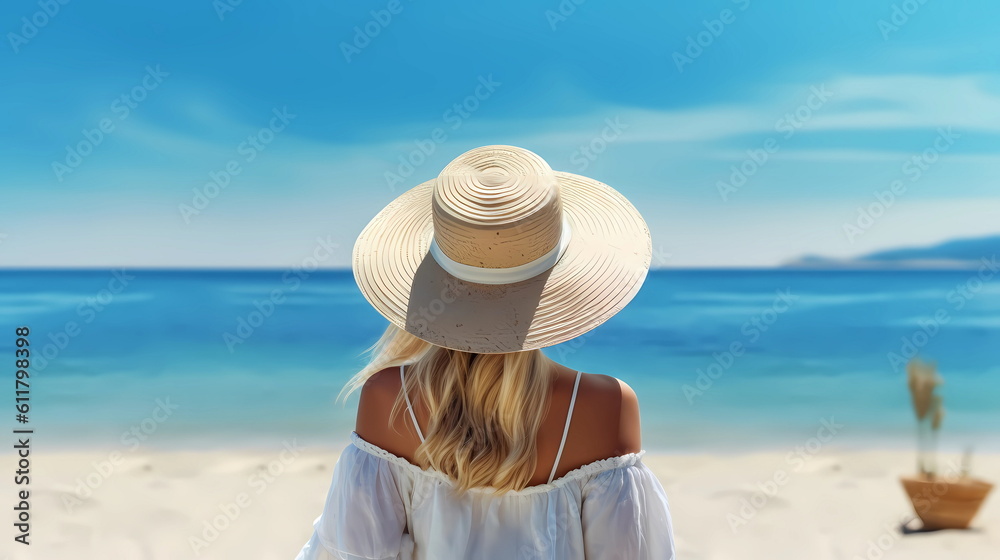 woman in  straw hat with blue bow and seashell on beach sand at mediterranean sea summer background copy space, generated ai