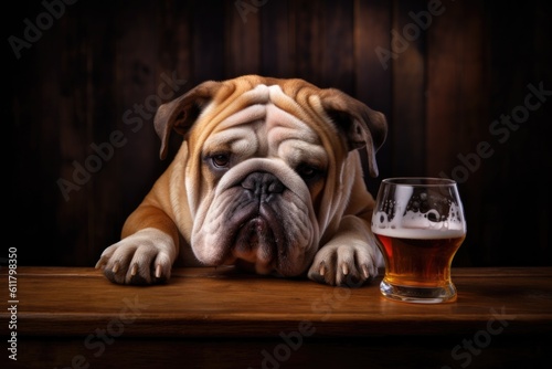 BullDog Drinking a Glass of Beer in a Bar. Generative AI © JJAVA