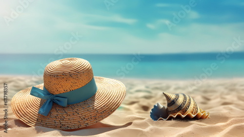 woman straw hat with blue bow and seashell on beach sand at mediterranean sea summer background copy space, generated ai photo