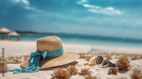 woman straw hat with blue bow and seashell on beach sand at mediterranean sea summer background copy space, generated ai