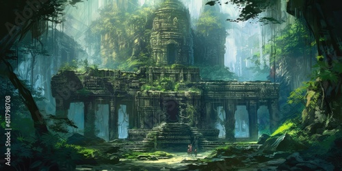 serene and ancient temple complex nestled amidst lush greenery  Generative AI Digital Illustration Part 110623 © Cool Patterns