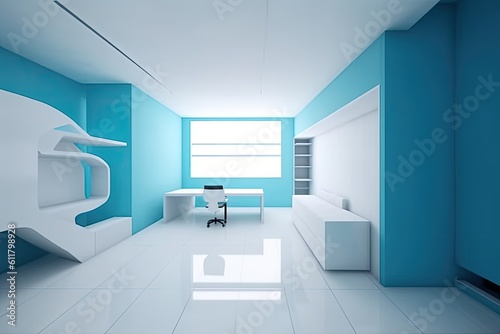 White interior of a home and office with cupboards, a floor-to-ceiling window, and an empty blue wall niche. Design idea for a contemporary living room. Mockup. Generative AI