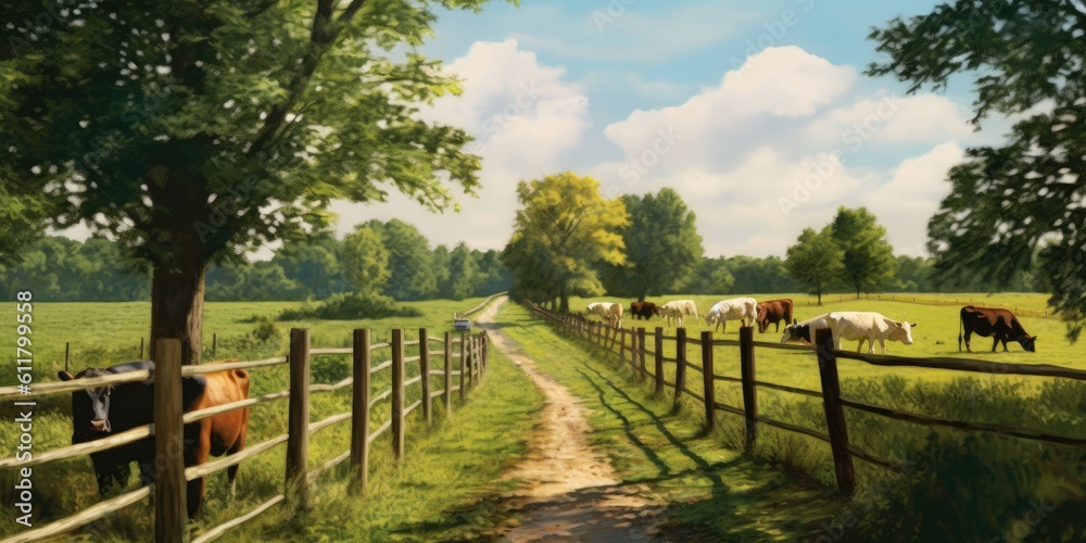 Tranquil Trails: Rustic Path, Wooden Fence, and Grazing Cows Embrace the Charming Countryside  Generative AI Digital Illustration Part#110623