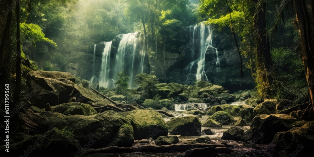  Majestic Waterfall Embraced by Lush Green Forest and Towering Rocks  Generative AI Digital Illustration Part#110623