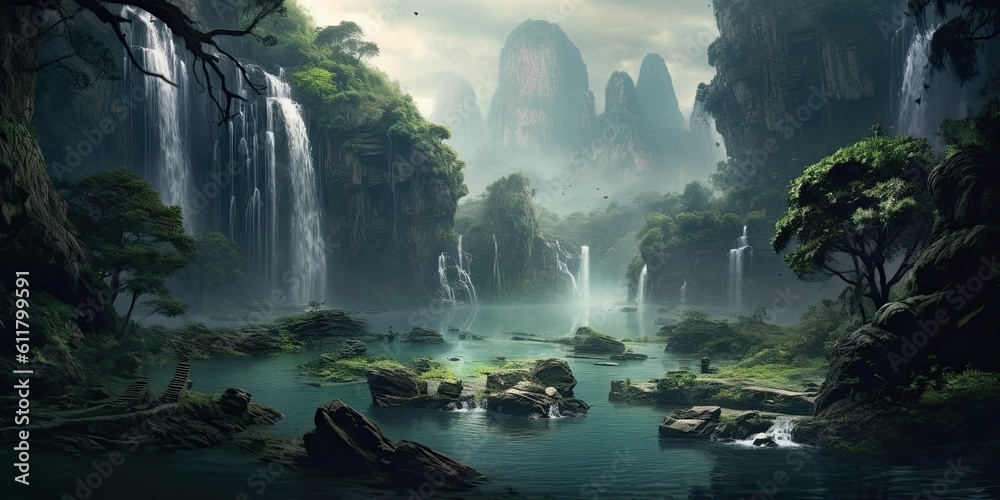 A Dreamlike Illustration of Forests, Mountains, Waterfalls, Rivers, and Lakes  Generative AI Digital Illustration Part#110623