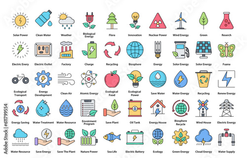 Ecology Line Color Icons Environment Pollution Iconset in Filled Outline Style 50 Vector Icons