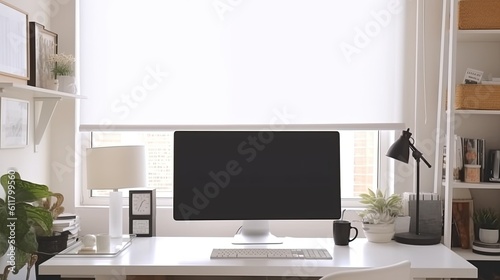 Standing in front of a mock-up computer screen in a home office with white walls and a white table. working from home and the idea of advertising Generative AI © 2rogan