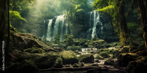  Majestic Waterfall Embraced by Lush Green Forest and Towering Rocks Generative AI Digital Illustration Part#110623