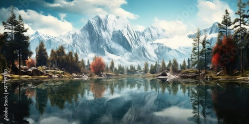 Lakeside Symphony: Sublime Reflections in Photo-Realistic Mountain Landscapes  Generative AI Digital Illustration Part 110623 © Cool Patterns