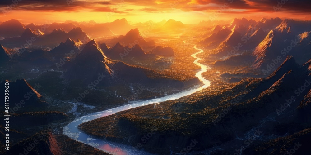 Ethereal Horizons: Aerial Symphony of Sunset and Majestic Mountains  Generative AI Digital Illustration Part#110623