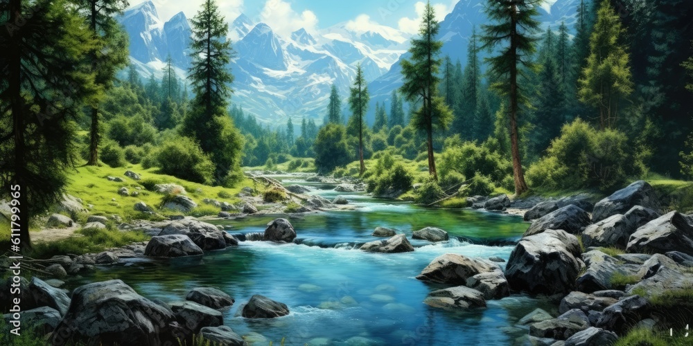 Tranquil Austrian Beauty: Azure River and Forest Views in Photo-Realistic Landscapes  Generative AI Digital Illustration Part#110623