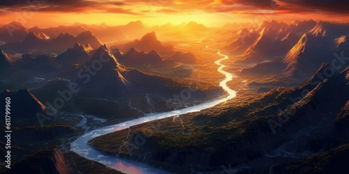 Ethereal Horizons: Aerial Symphony of Sunset and Majestic Mountains Generative AI Digital Illustration Part#110623