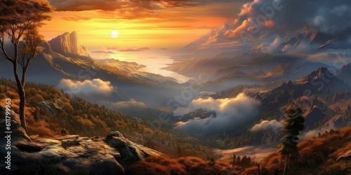 Ethereal Horizons: Aerial Symphony of Sunset and Majestic Mountains Generative AI Digital Illustration Part#110623