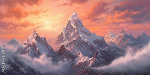 Ethereal Dawn: Delicate Details of Snow-Capped Peaks Generative AI Digital Illustration Part#110623