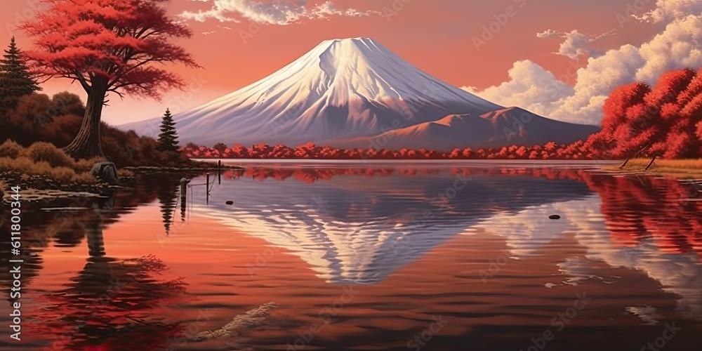 Mirrored Majesty: Mt. Fuji's Reflection  Generative AI Digital Illustration Part#110623