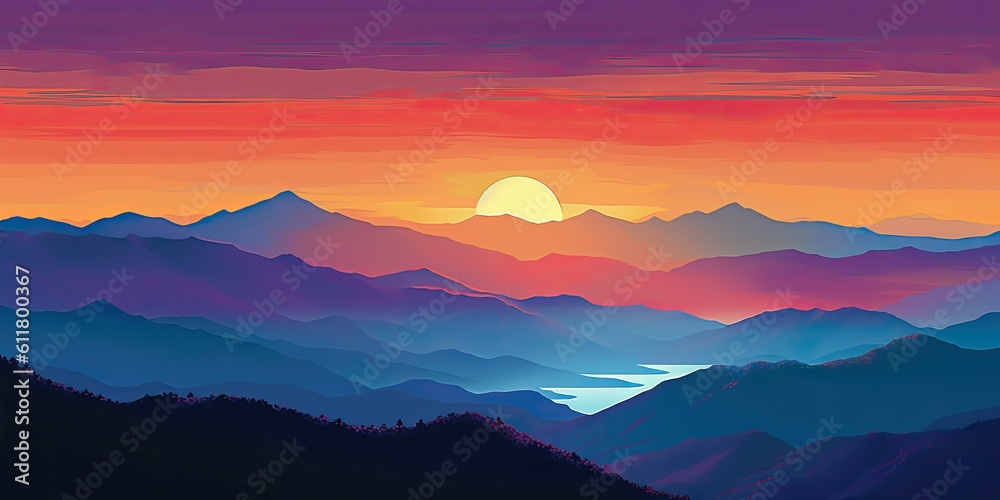 Sunset Horizons: A Majestic Mountain Vista  Generative AI Digital Illustration Part#110623