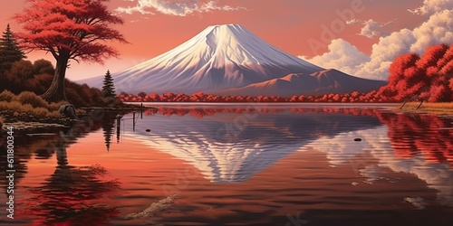 Mirrored Majesty: Mt. Fuji's Reflection Generative AI Digital Illustration Part#110623