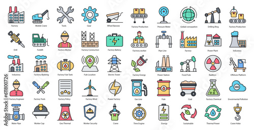 Factory Line Color Icons Production Machine Industry Iconset in Filled Outline Style 50 Vector Icons