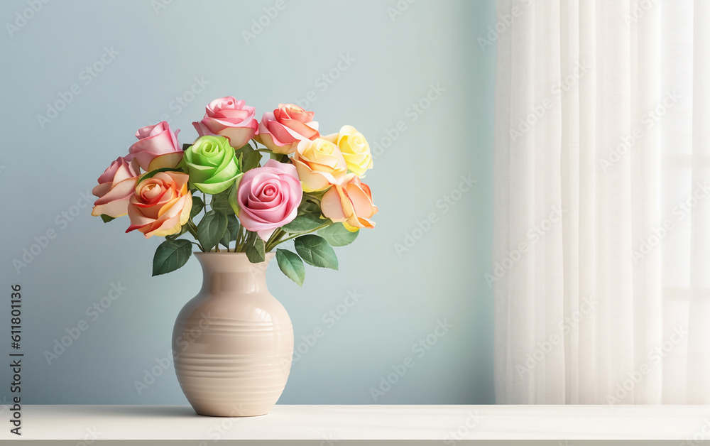 On a pale pastel wall, a white window sill showcases a white vase containing a medley of colorful roses. Generative AI On a pale pastel wall, a white window sill showcases a white vase containing a medley of colorful roses. Generative AI