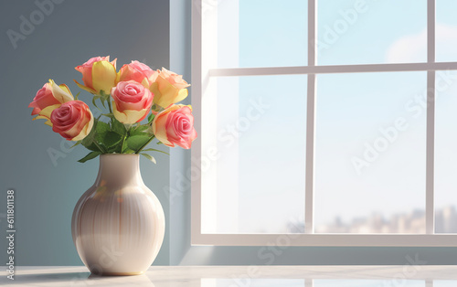 Against a pale pastel wall, there stands a white window sill displaying a white vase overflowing with vibrant roses. Generative AI