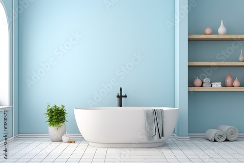 Interior of a contemporary bathroom with a blue wall, Generative AI