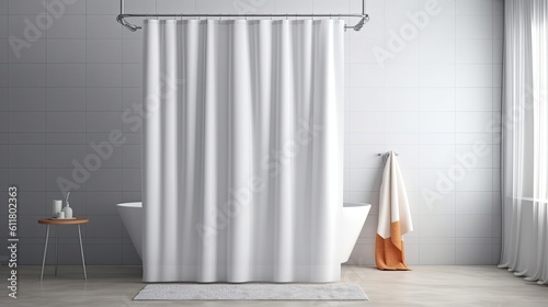 Mockup of a white shower curtain that is closed and half-turned. Interior mock-up of a bathroom with an empty liner shade. For a bath d�cor template, a clear waterproof polyester cover Generative AI photo