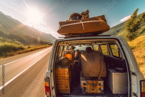van car on the road in the mountains driving during vacation with luggage and backpacks on a sunny day. Generative AI
