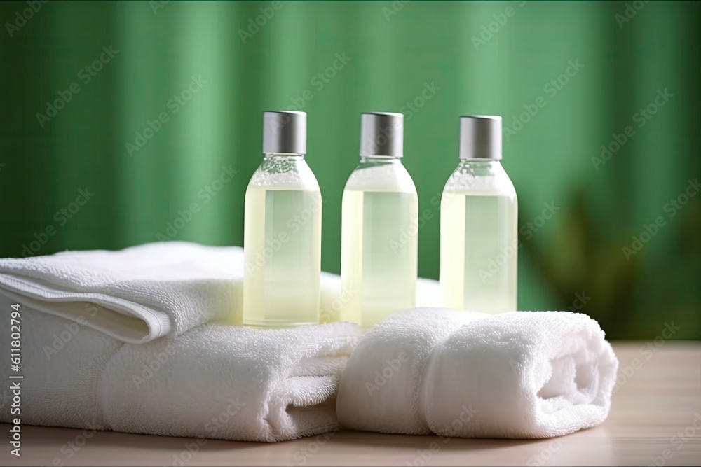 Bottles of liquid soap, shampoo, and a roll of white towels are shown on a table with copy space against a blurry room background. for montage of a product display. Generative AI Bottles of liquid soap, shampoo, and a roll of white towels are shown on a table with copy space against a blurry room background. for montage of a product display. Generative AI