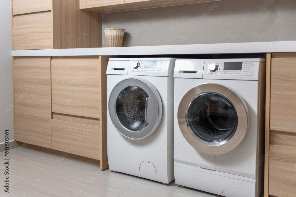 A white and beige laundry room with modern appliances that blend seamlessly with the overall design. High-tech washer and dryer set that saves time and energy. AI Generative.