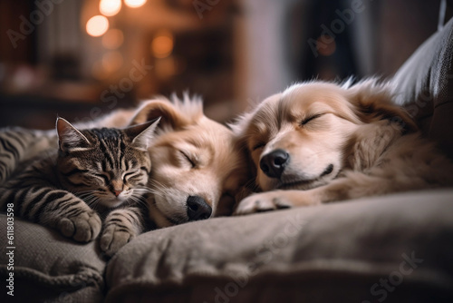 cat and dog sleeping peacefully together