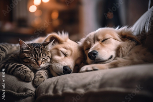 cat and dog sleeping peacefully together