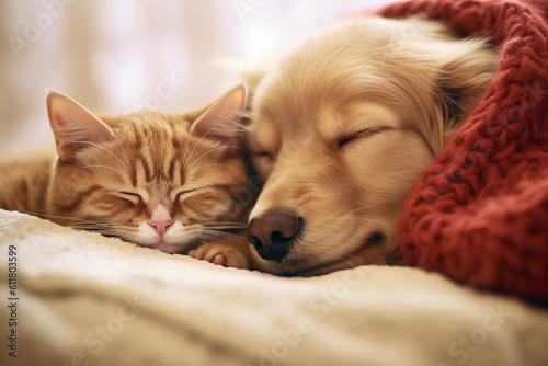 cat and dog sleeping peacefully together