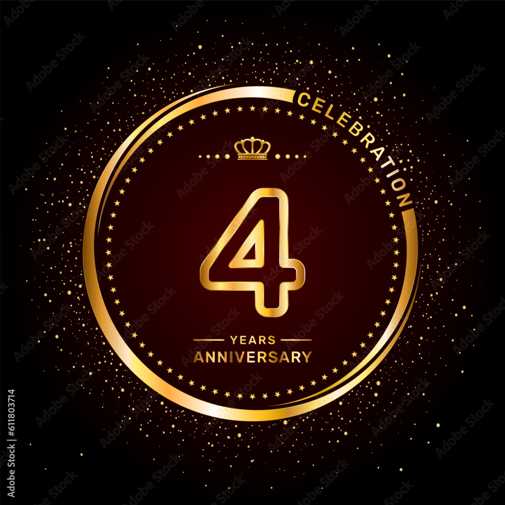 4 year anniversary logo with double line number style and gold color ring, logo vector template