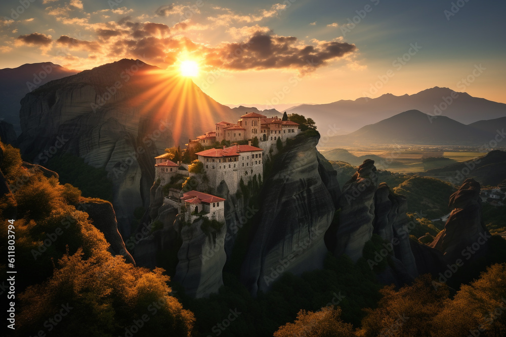 Fototapeta premium Monastery located on a high rock in the style of Meteora, Greece, created using AI generative technology 