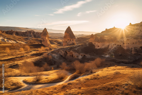 Cappadocia landscape with rock formations and houses and windows carved into the rocks, created using AI generative technology 