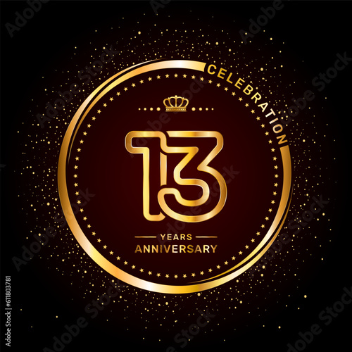 13 year anniversary logo with double line number style and gold color ring, logo vector template