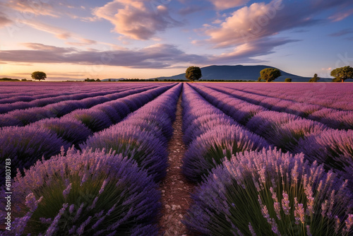 A beautiful field of blooming purple lavender, in Provence, France, created with generative AI technology 